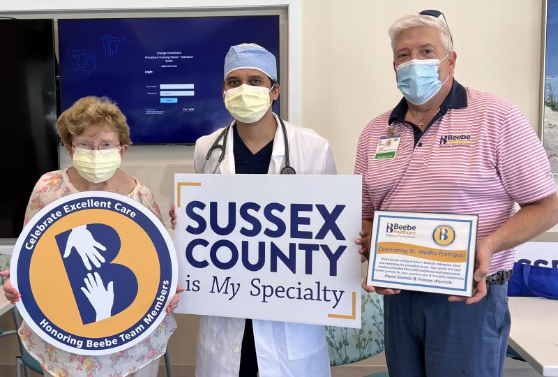 Beebe patient Frances Woznicki, left, is shown with Dr. Madhu Prattipati and her son, David Szumski, sharing a grateful moment after her cardiac procedure’s positive outcome. SUBMITTED PHOTO